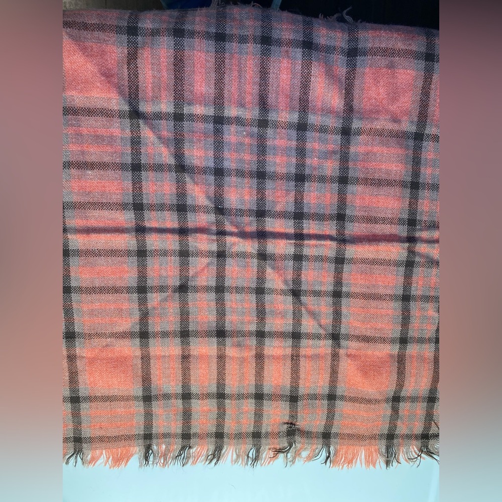 Peach, Brown and Gray Plaid Fringe Square Scarf I - Picture 3 of 3